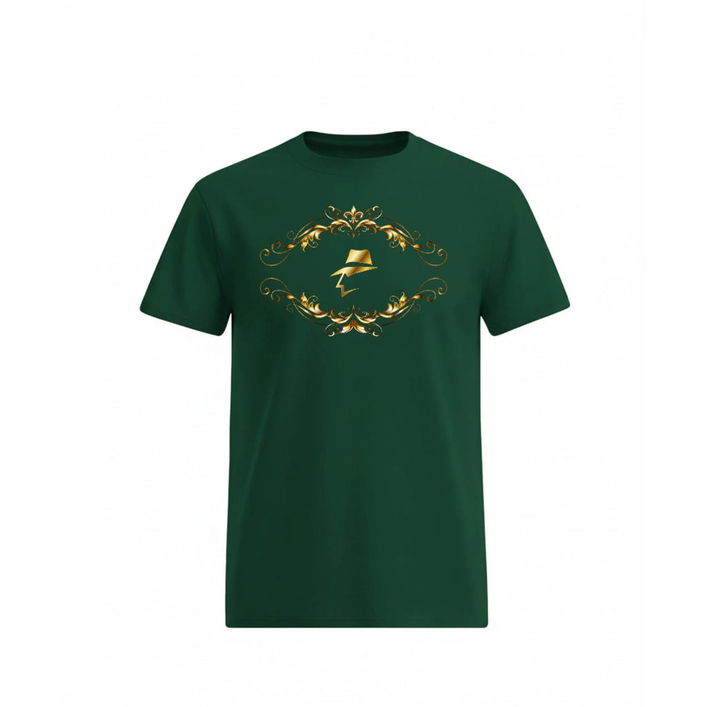 Royal Green t-shirt with gold decorative design on a white background
