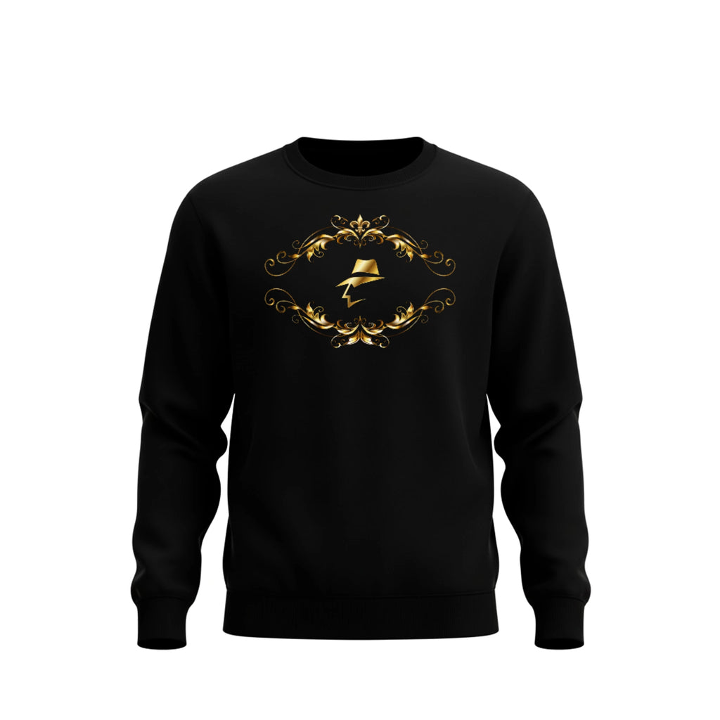 Black sweatshirt with gold decorative design on a white background