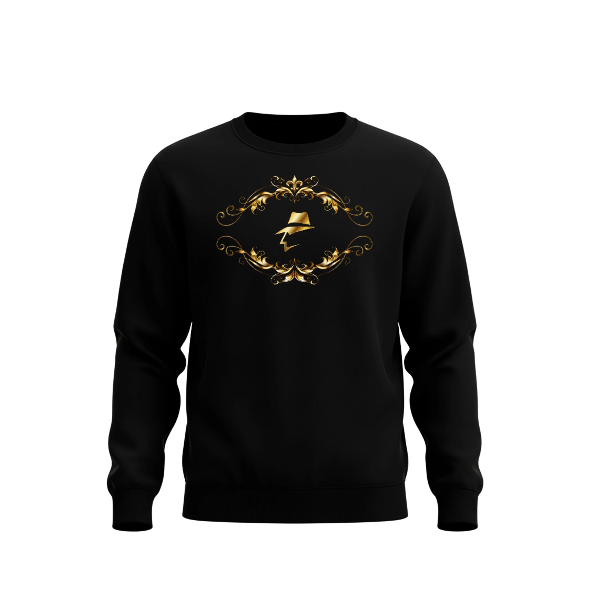 Black sweatshirt with gold decorative design on a white background