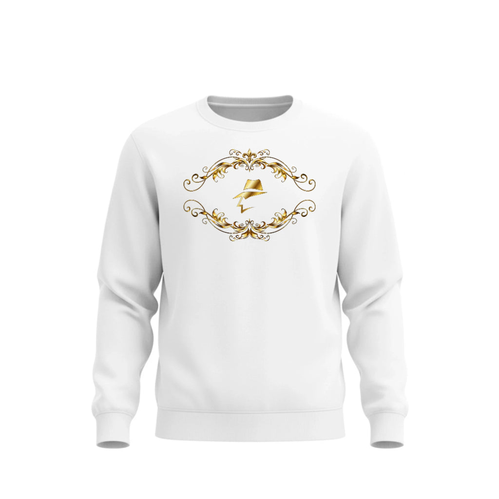 White sweatshirt with gold decorative design on a white background