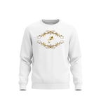 White sweatshirt with gold decorative design on a white background
