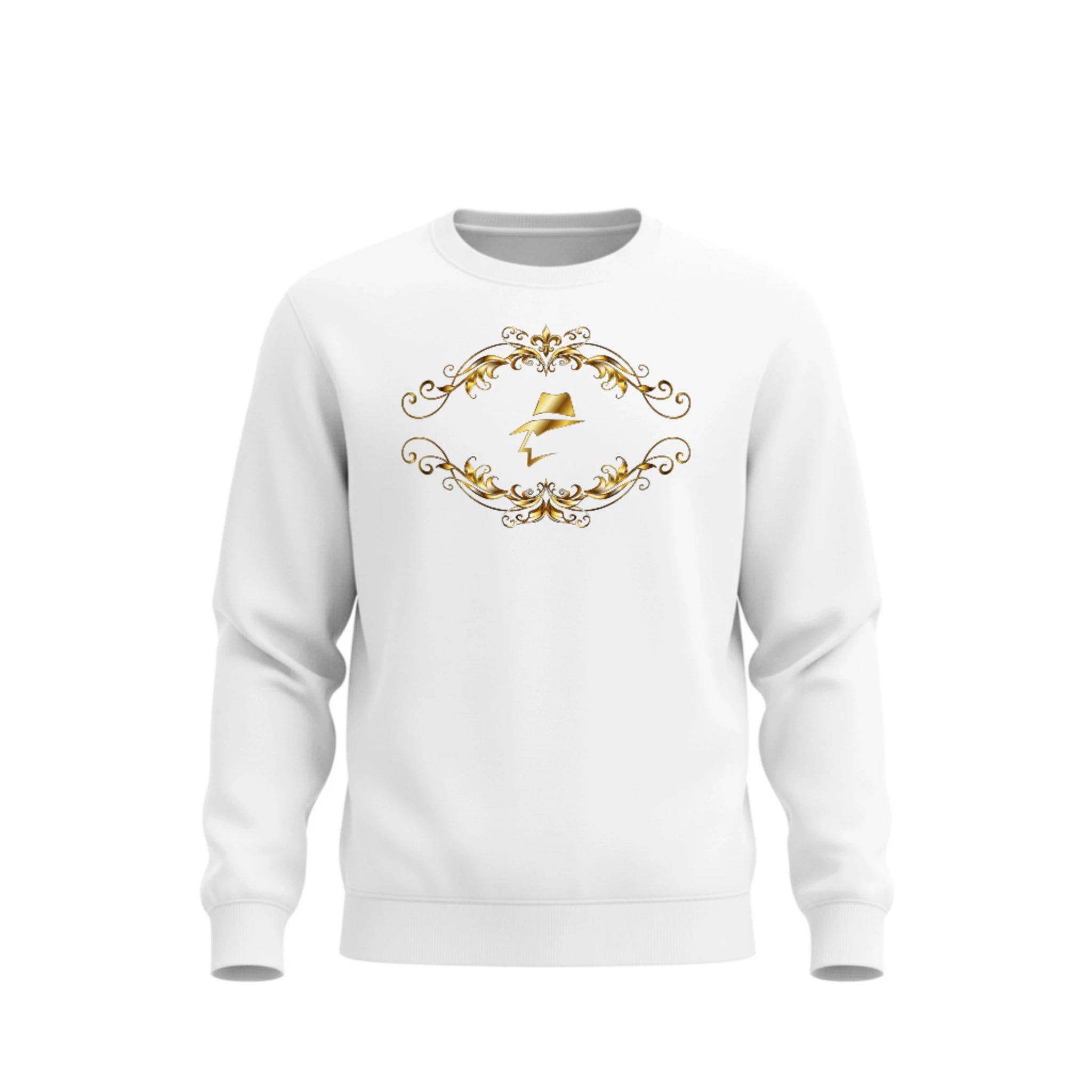 White sweatshirt with gold decorative design on a white background