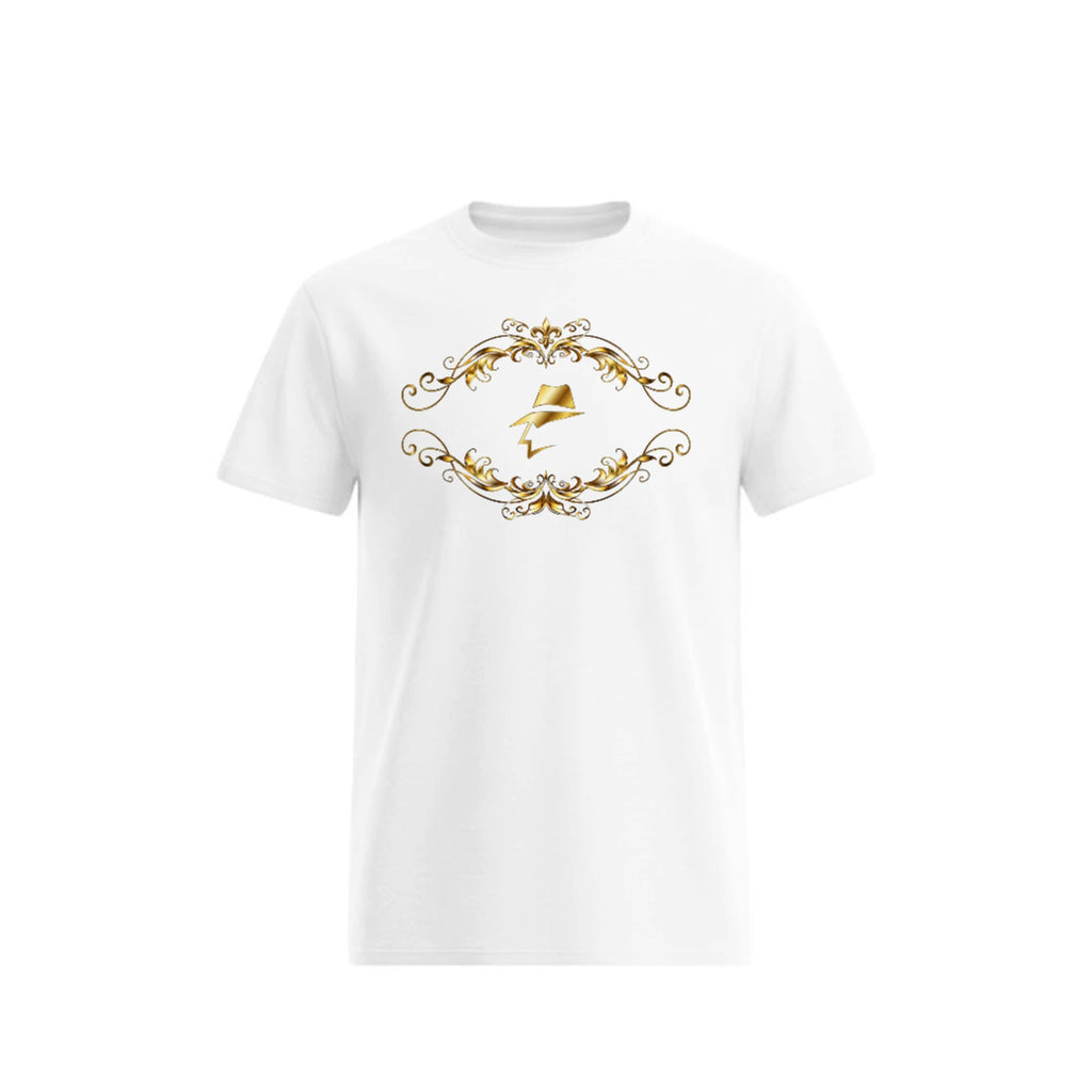 White t-shirt with gold decorative design on a white background