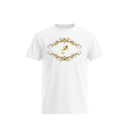White t-shirt with gold decorative design on a white background