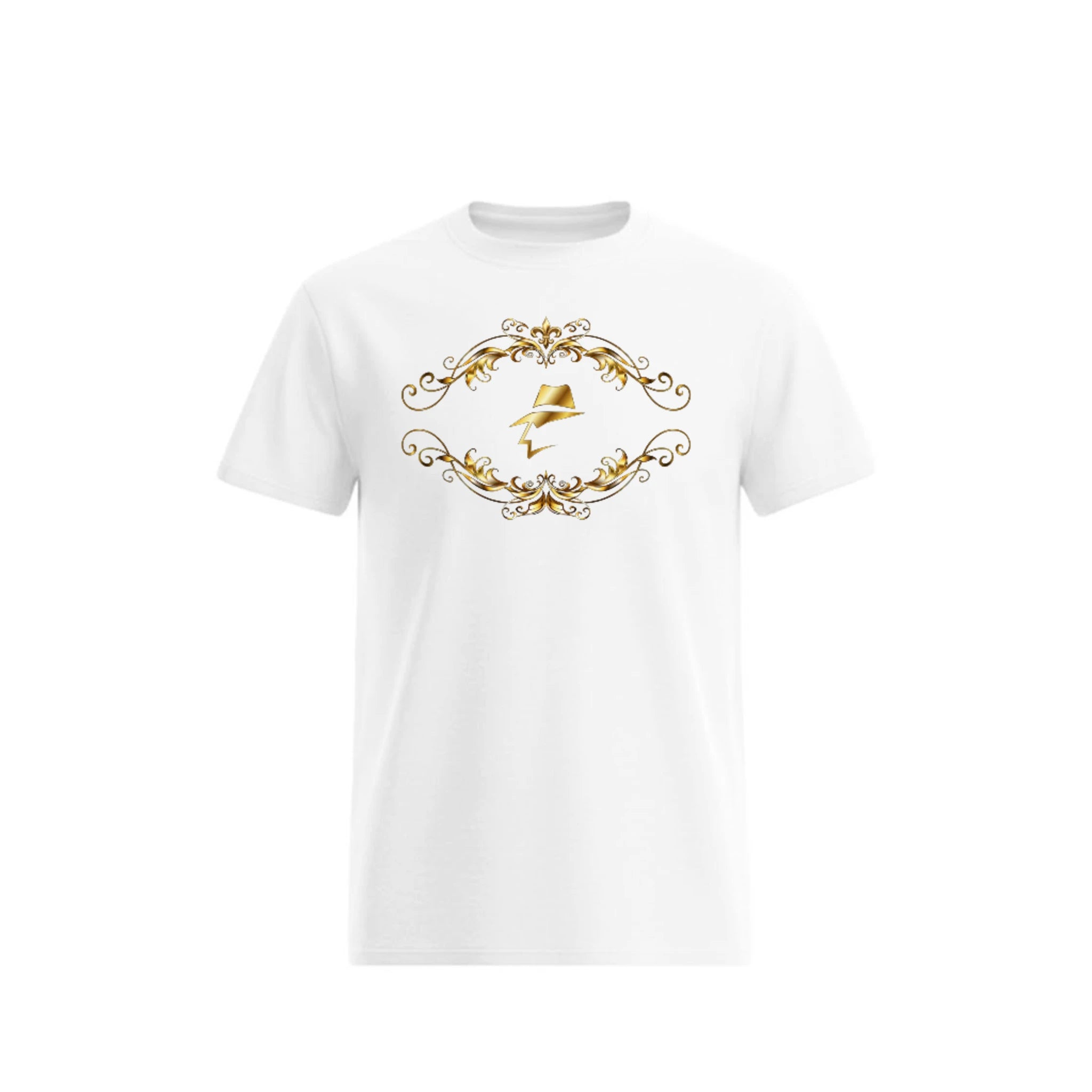 White t-shirt with gold decorative design on a white background