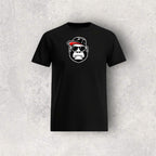Black t-shirt with a graphic of a monkey wearing a cap and sunglasses on a textured gray background