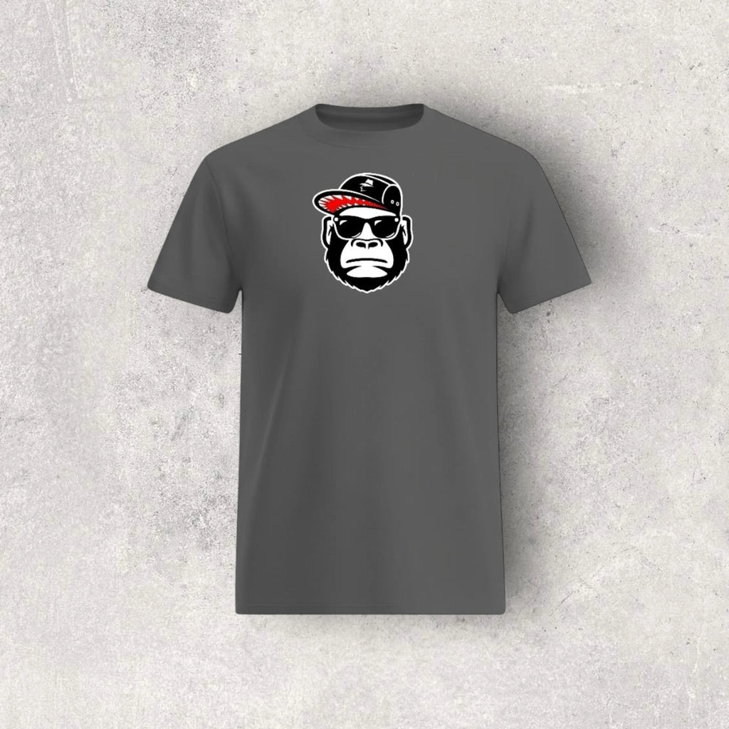 Gray t-shirt with a graphic of a monkey wearing sunglasses and a cap on a textured gray background