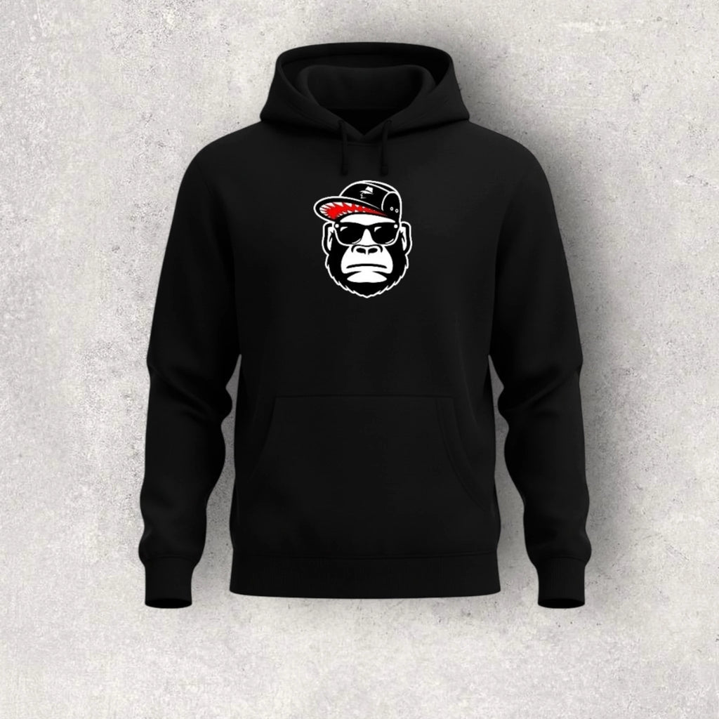 Black hoodie with a graphic of a gorilla wearing sunglasses and a cap on a light gray background