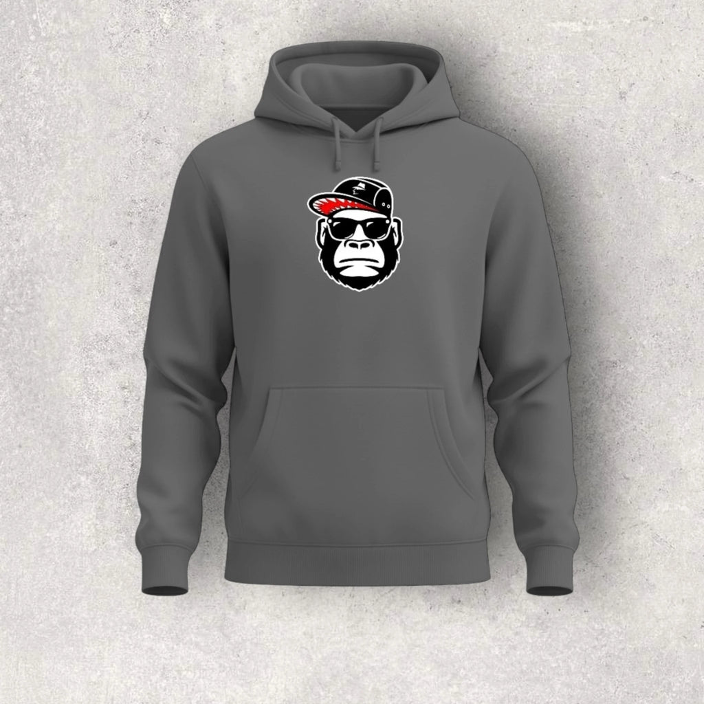Gray hoodie with a graphic of a gorilla wearing sunglasses and a cap on a gray background
