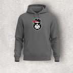Gray hoodie with a graphic of a gorilla wearing sunglasses and a cap on a gray background