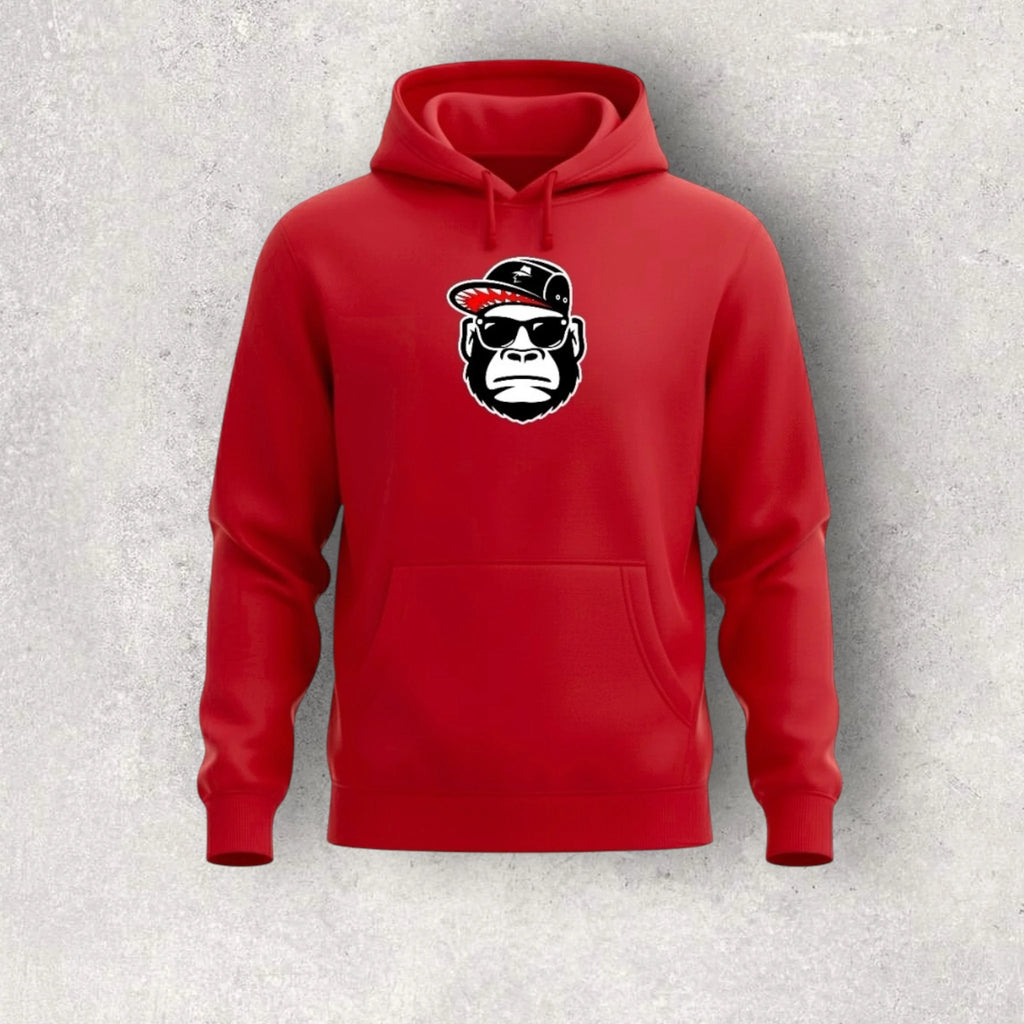 Red hoodie with a graphic of a monkey wearing sunglasses and a cap on a gray background