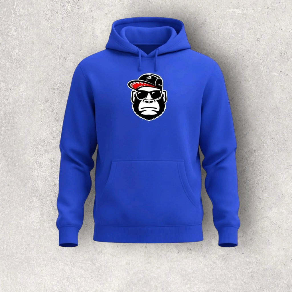 Blue hoodie with a graphic of a gorilla wearing sunglasses and a cap on a gray background