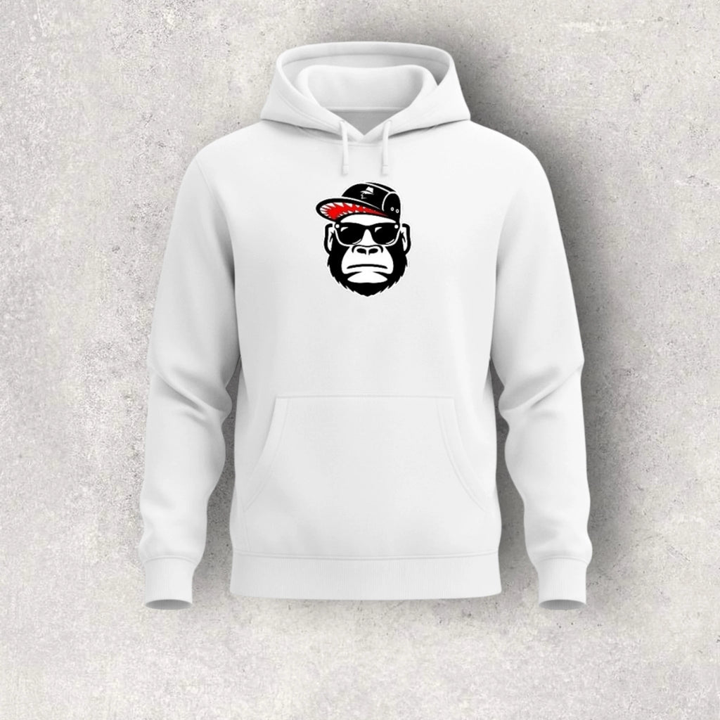 White hoodie with a graphic of a monkey wearing sunglasses and a cap on a gray background