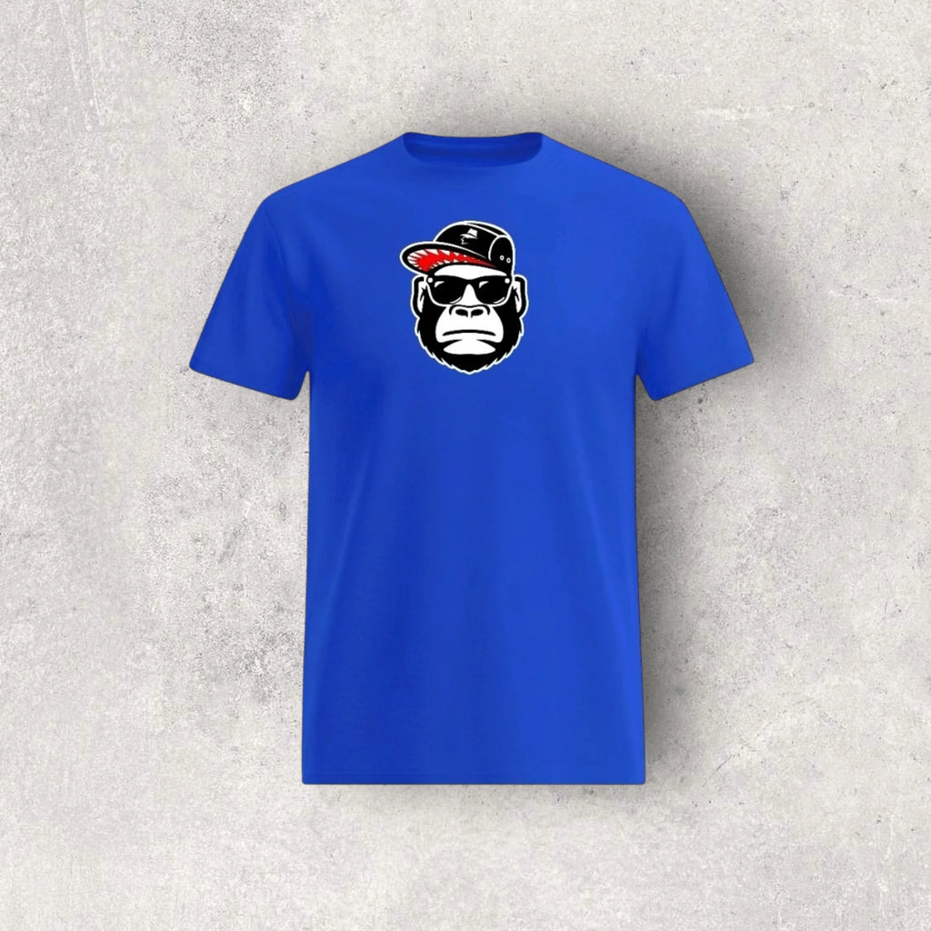 Blue t-shirt with a graphic of a monkey wearing sunglasses and a cap on a textured gray background