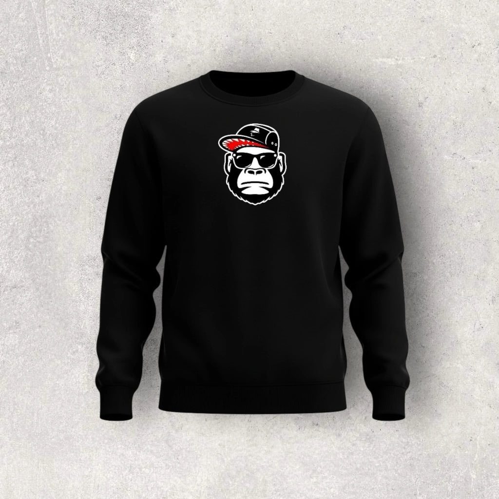 Black sweatshirt with a graphic of a monkey wearing sunglasses and a cap on a gray background