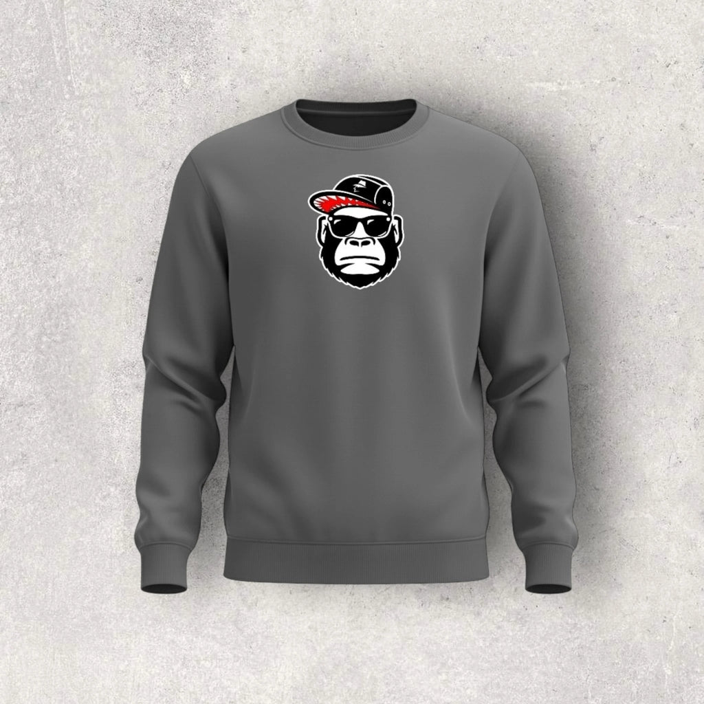 Gray sweatshirt with a graphic of a monkey wearing sunglasses and a cap on a textured gray background