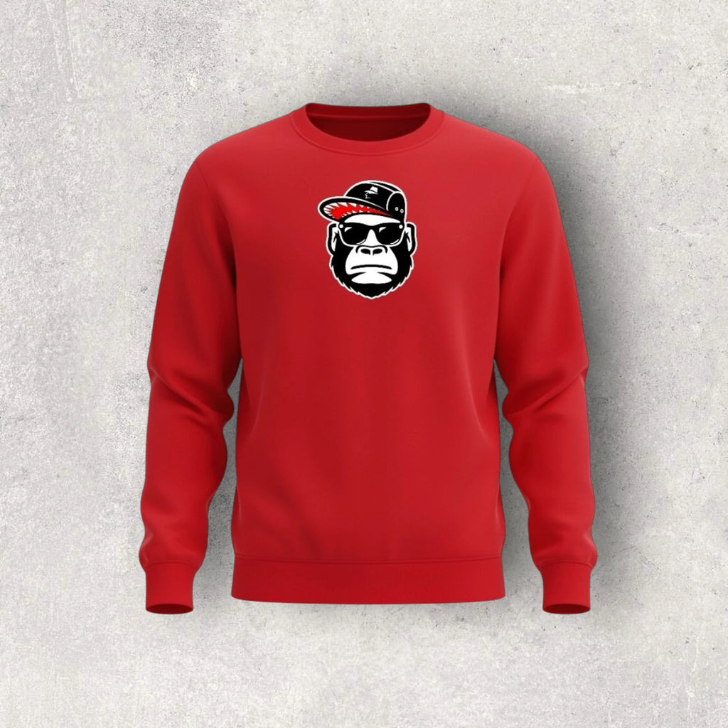 Red sweatshirt with a graphic of a monkey wearing sunglasses and a cap on a gray background