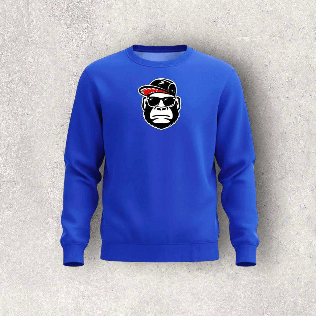 Blue sweatshirt with a graphic of a monkey wearing sunglasses and a cap on a gray background
