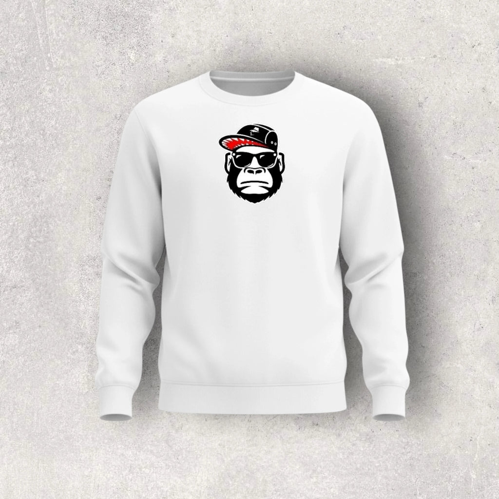 White sweatshirt with a graphic of a monkey wearing sunglasses and a cap on a gray background