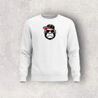 White sweatshirt with a graphic of a monkey wearing sunglasses and a cap on a gray background