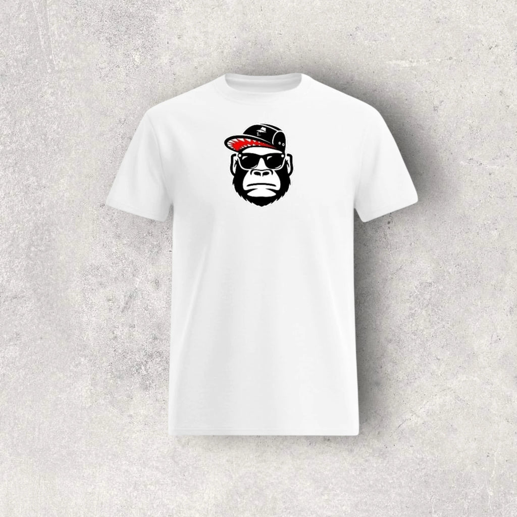 White t-shirt with a graphic of a monkey wearing sunglasses and a cap on a gray background