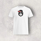 White t-shirt with a graphic of a monkey wearing sunglasses and a cap on a gray background