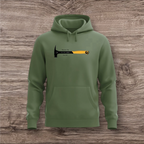 Green hoodie with a hammer graphic and text on a wooden surface
