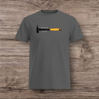 Charcoal t-shirt with a hammer graphic and text on a wooden surface