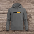 Gray hoodie with a hammer graphic on a wooden background
