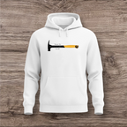White hoodie with a hammer graphic and text on a wooden surface