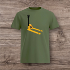 Green t-shirt with a yellow and black pallet jack design on a wooden surface