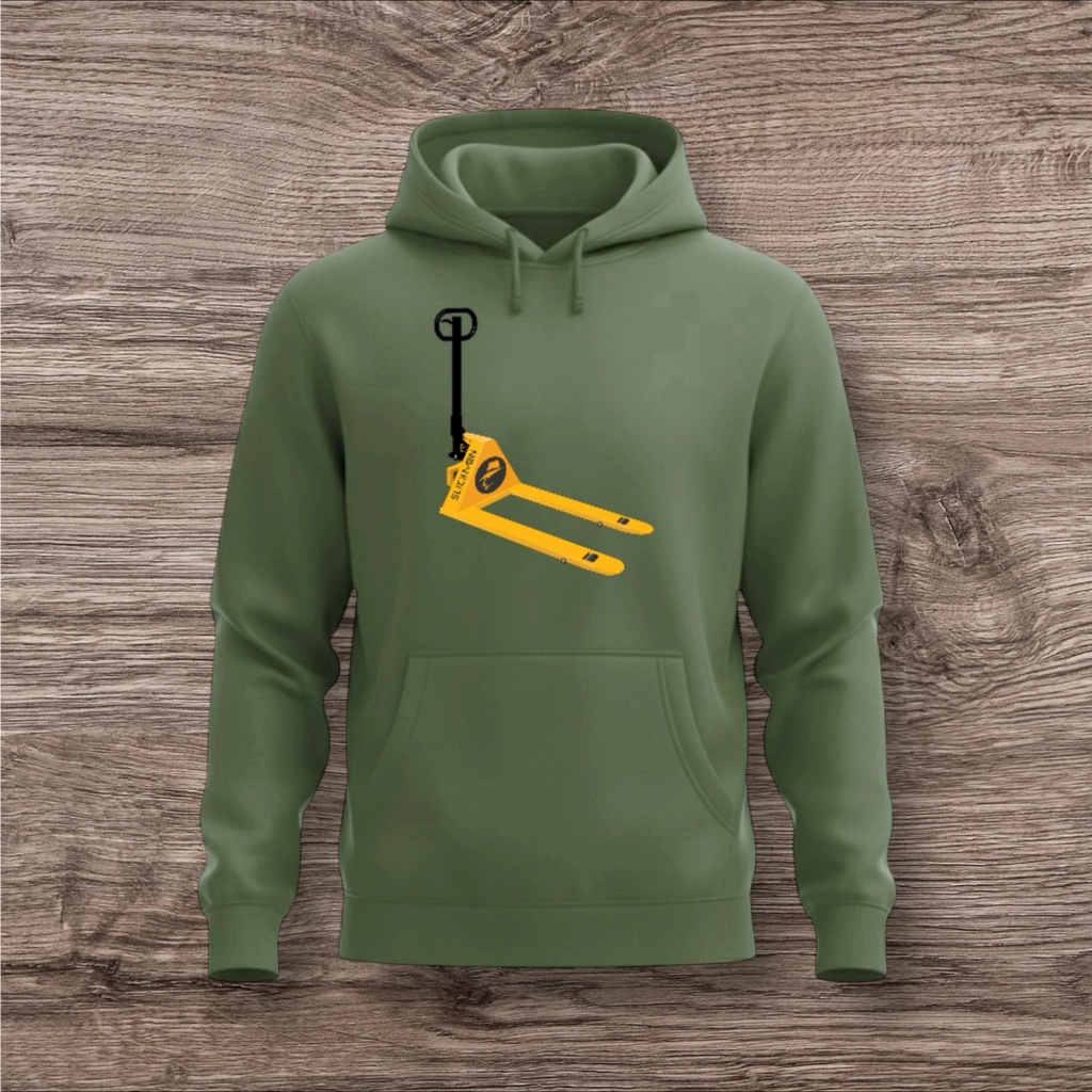 Green hoodie with a yellow and black pallet jack design on a wooden background