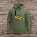 Green hoodie with a yellow and black pallet jack design on a wooden background