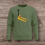 Green sweatshirt with a yellow and black pallet jack design on a wooden surface