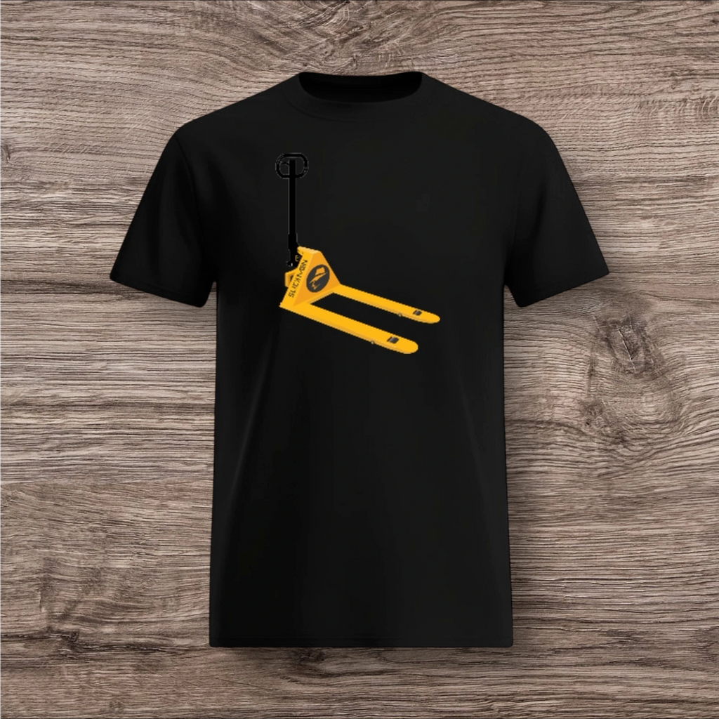 Black t-shirt with a yellow and black pallet jack design on a wooden surface