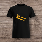 Black t-shirt with a yellow and black pallet jack design on a wooden surface