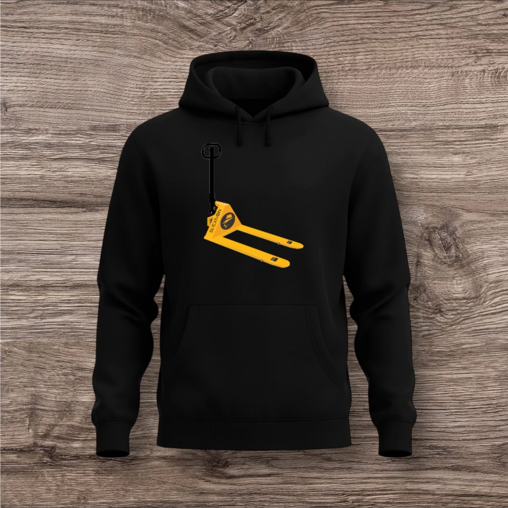 Black hoodie with a yellow and black pallet jack design on a wooden surface