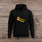 Black hoodie with a yellow and black pallet jack design on a wooden surface
