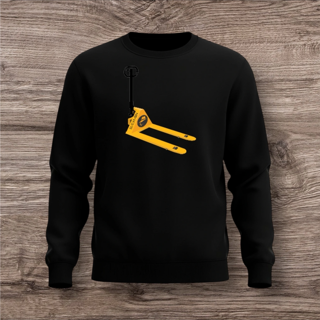 Black sweatshirt with a yellow and black pallet jack design on a wooden surface