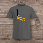 Charcoal t-shirt with a yellow and black pallet jack design on a wooden surface