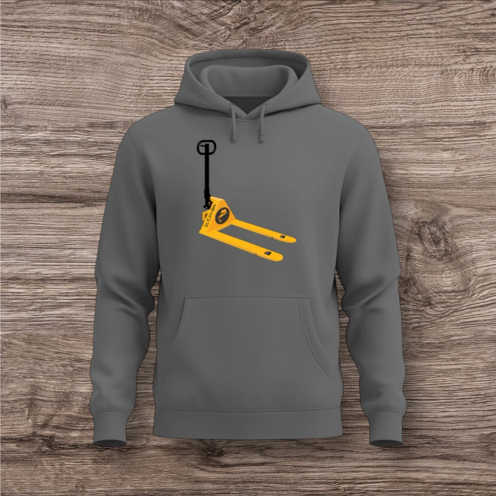 Gray hoodie with a yellow and black pallet jack design on a wooden surface