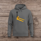 Gray hoodie with a yellow and black pallet jack design on a wooden surface