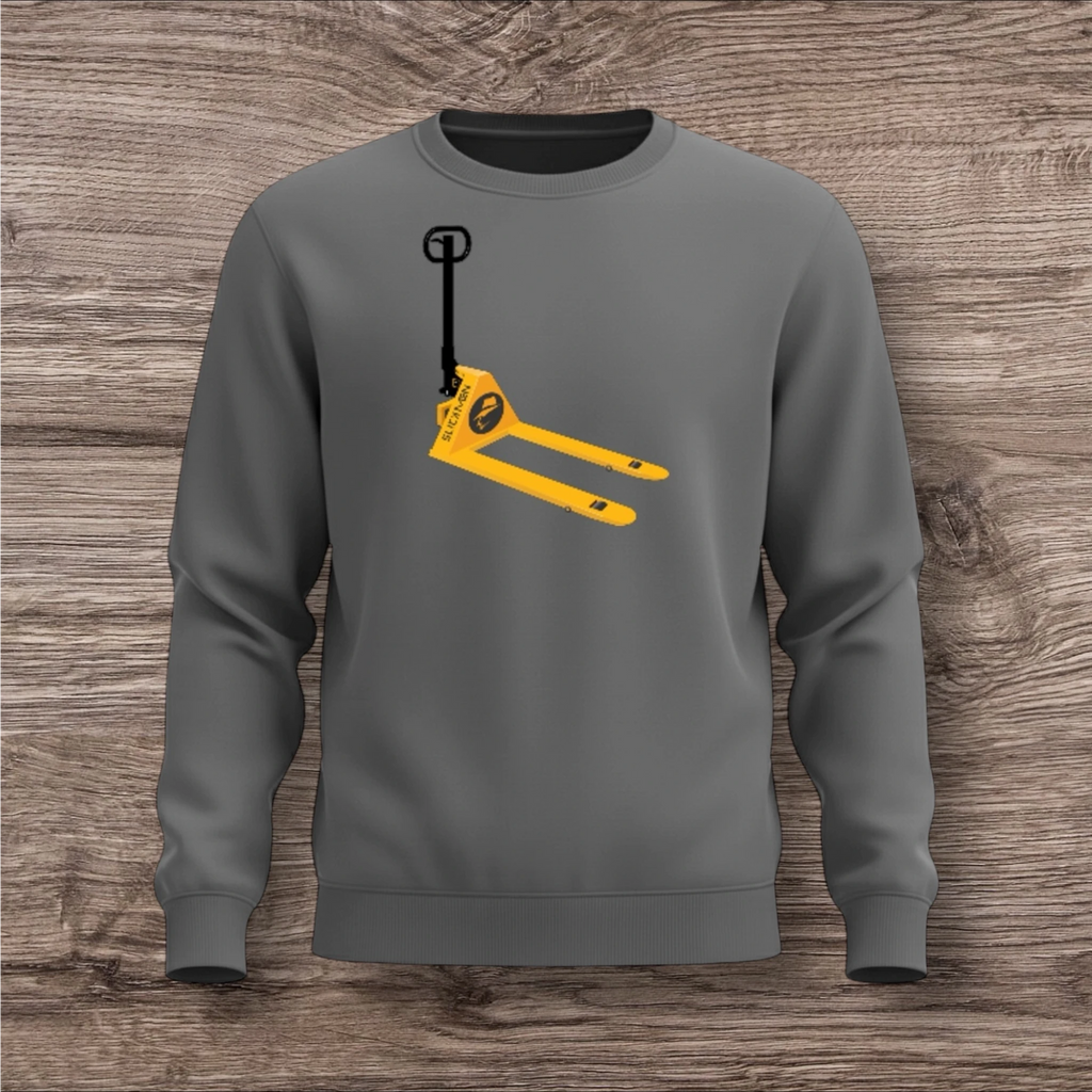 Charcoal sweatshirt with a yellow and black pallet jack design on a wooden surface