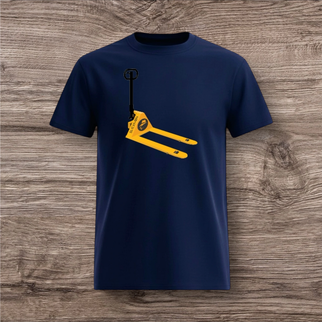 Navy blue t-shirt with a yellow and black pallet jack design on a wooden surface