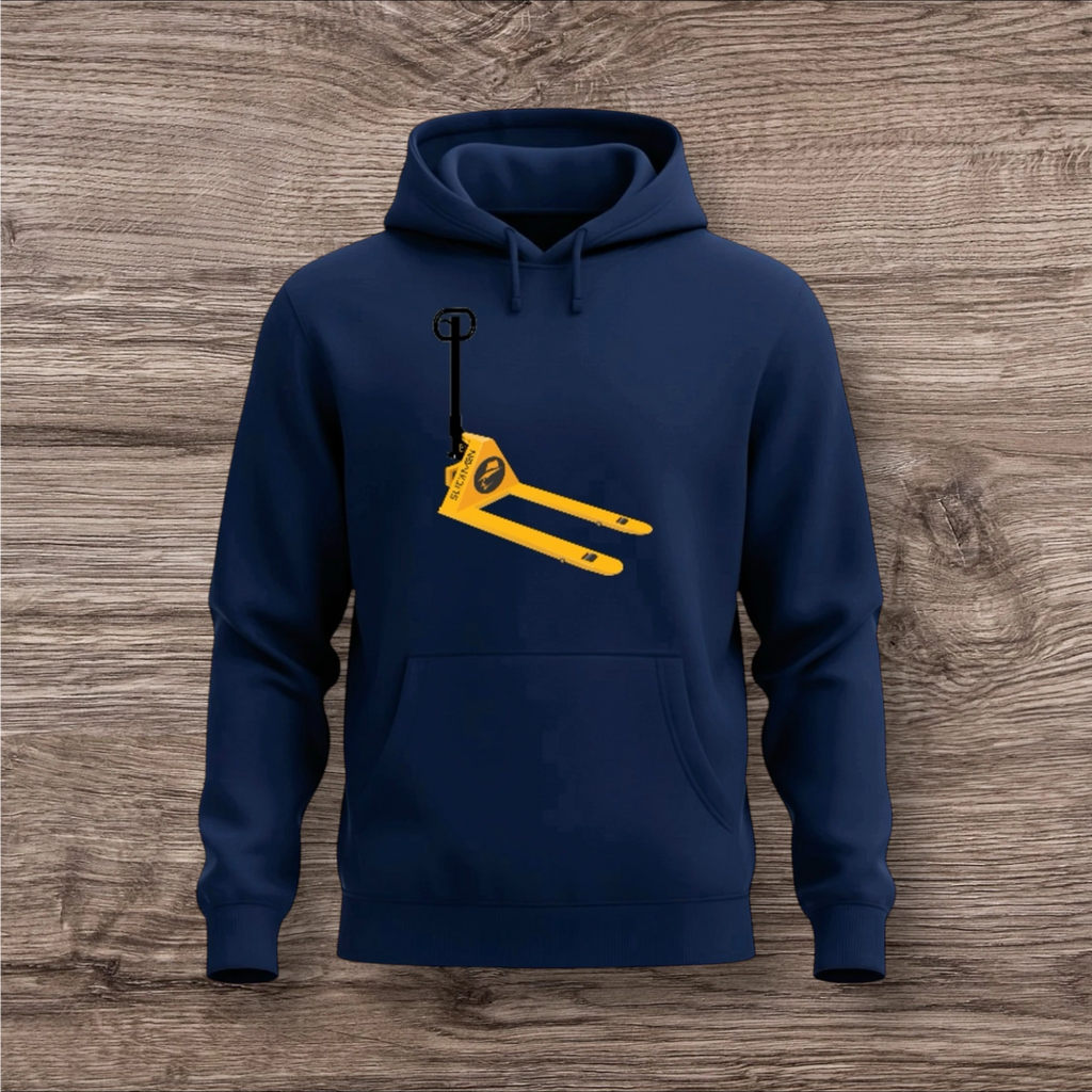 Navy blue hoodie with a yellow and black pallet jack design on a wooden surface