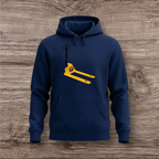 Navy blue hoodie with a yellow and black pallet jack design on a wooden surface