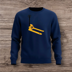Navy blue sweatshirt with a yellow and black pallet jack design on a wooden surface