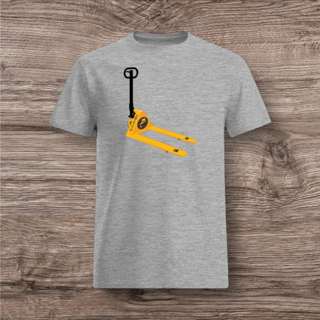 Gray t-shirt with a yellow and black pallet jack design on a wooden surface