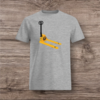 Gray t-shirt with a yellow and black pallet jack design on a wooden surface