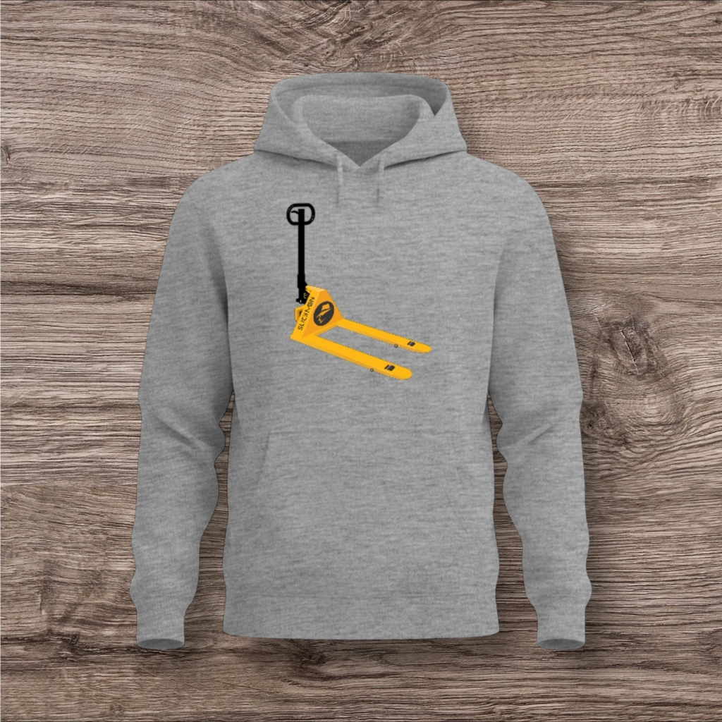 Gray hoodie with a yellow and black pallet jack design on a wooden surface